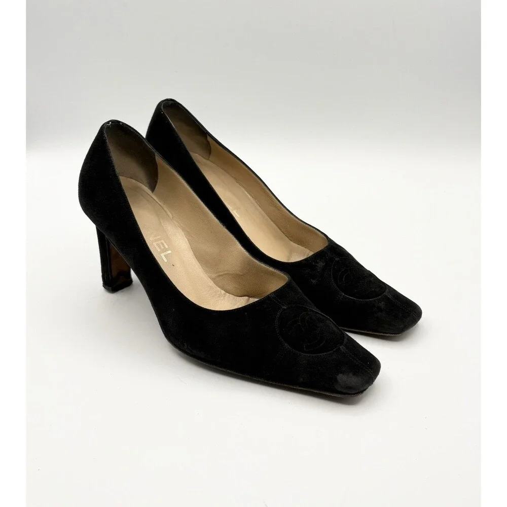 Chanel Black Suede Square Toe Block Heels w/ CC Logo at Toe Vintage Sz EU 36.5